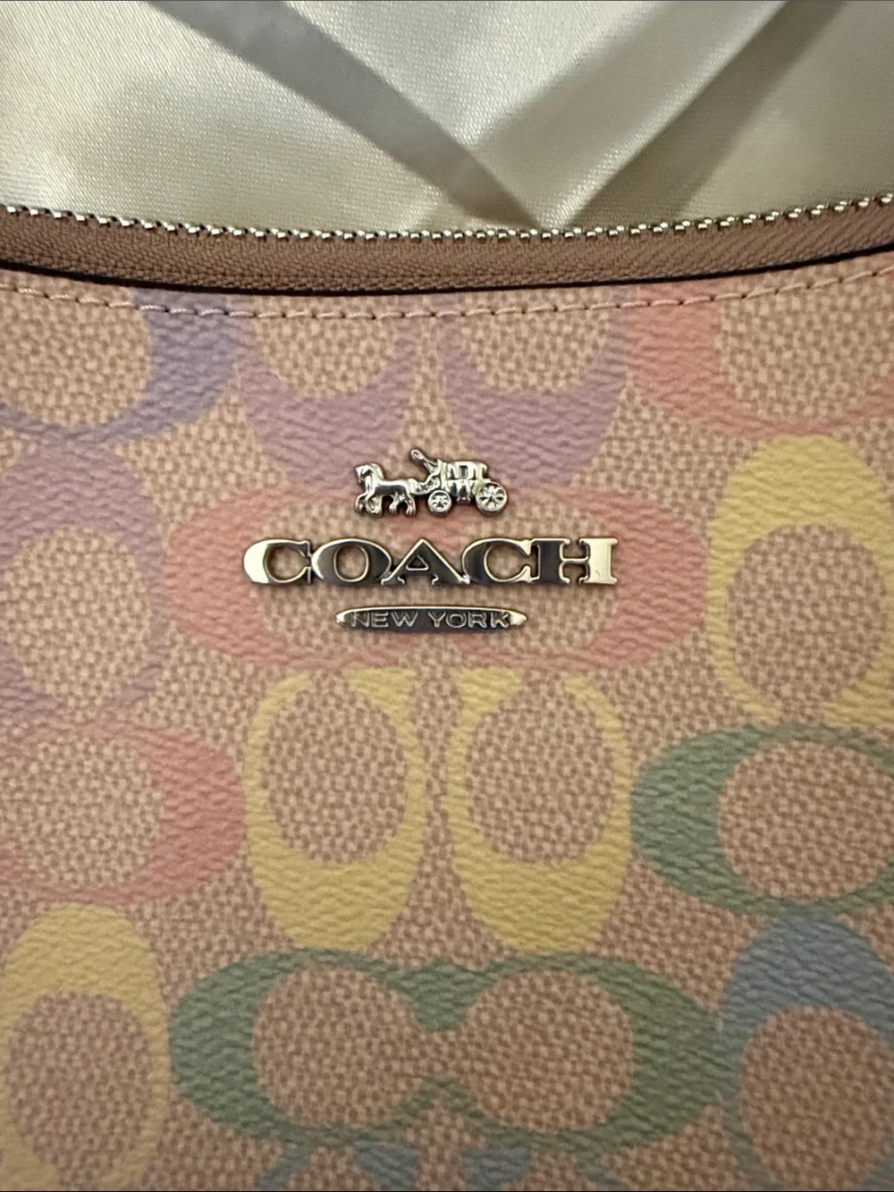 🌈Coach NWT Rainbow Pastel Print Teri Shoulder Bag/Tan Trim/Silver Hardware